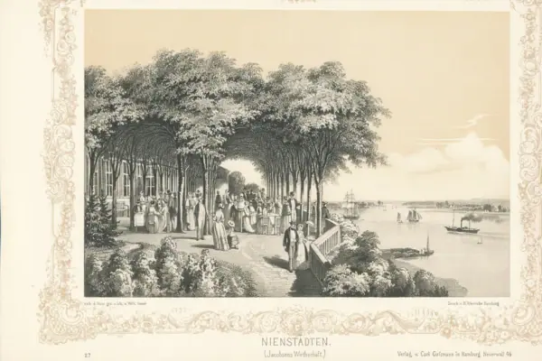 Historie um 1789 Eine Gruppe von Menschen steht auf einem Weg in der Nähe eines Gewässers.