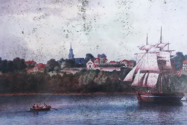 Historie um 1625 Gemälde eines Bootes, das auf einem See segelt.