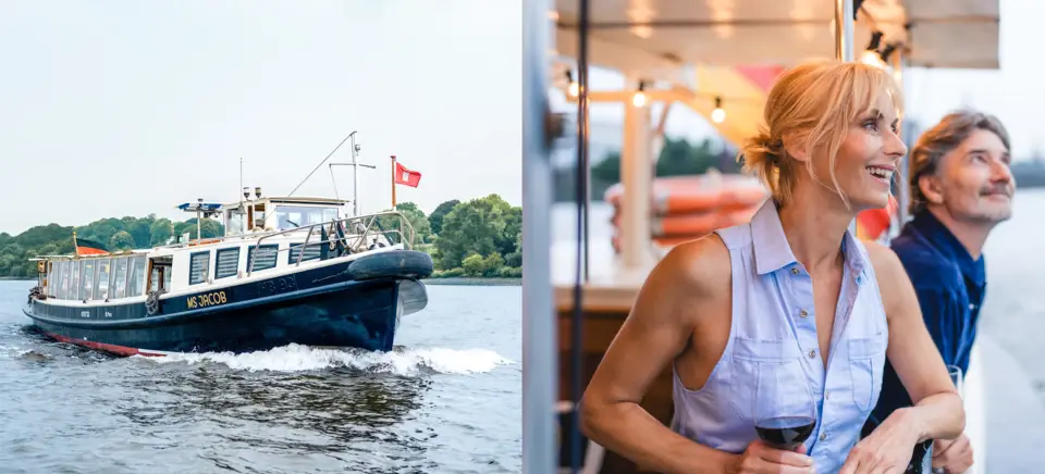 Eine Frau hält ein Glas Wein, im Hintergrund ein Boot auf dem Wasser.