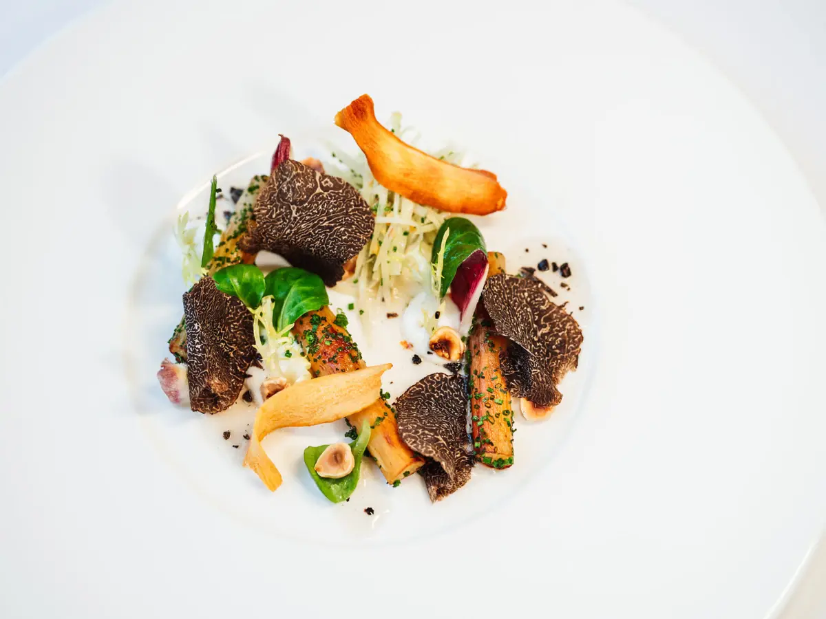 Teller-Gericht Gericht aus Schwarzwurzeln und Gemüse aus der Küche des Jacobs Restaurants.