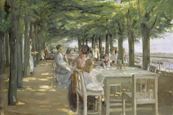 Max Liebermann Gemälde von Menschen, die an Tischen unter Bäumen sitzen