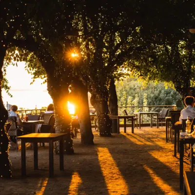 Lindenterrasse Hamburg Eine Gruppe von Menschen sitzt an Tischen unter Bäumen im Freien auf der Lindenterrasse des Hotels Louis C. Jacob mit Blick auf die Elbe bei Sonnenuntergang.