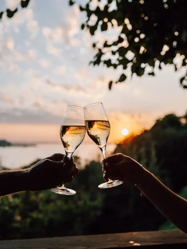 Hände halten Sektgläser vor einem Sonnenuntergang auf der Lindenterrasse mit Blick auf die Elbe.